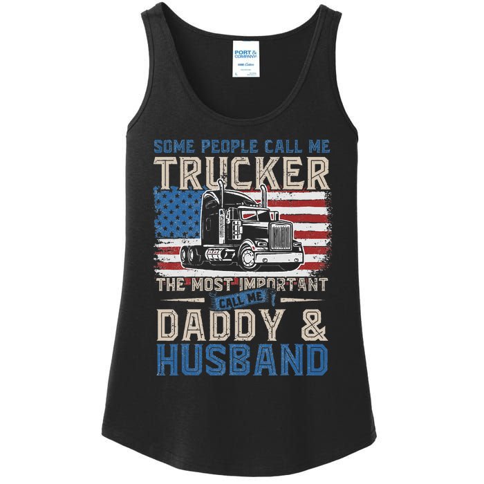 Semi Truck Driver Trucker Daddy Husband US American Flag Ladies Essential Tank