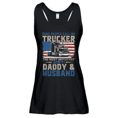 Semi Truck Driver Trucker Daddy Husband US American Flag Ladies Essential Flowy Tank