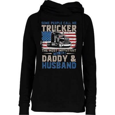 Semi Truck Driver Trucker Daddy Husband US American Flag Womens Funnel Neck Pullover Hood