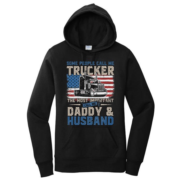 Semi Truck Driver Trucker Daddy Husband US American Flag Women's Pullover Hoodie