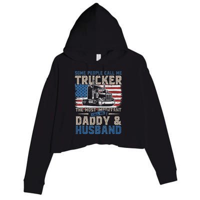 Semi Truck Driver Trucker Daddy Husband US American Flag Crop Fleece Hoodie