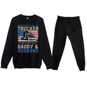 Semi Truck Driver Trucker Daddy Husband US American Flag Premium Crewneck Sweatsuit Set