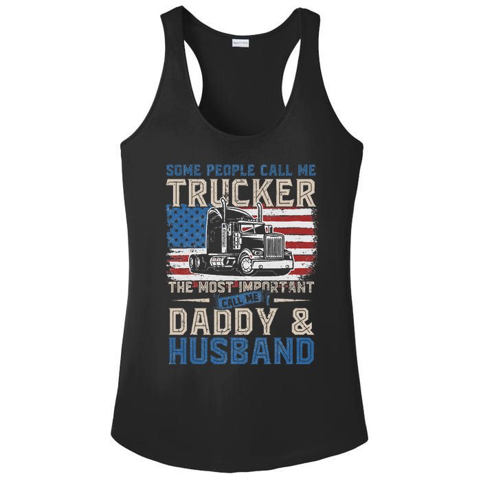 Semi Truck Driver Trucker Daddy Husband US American Flag Ladies PosiCharge Competitor Racerback Tank