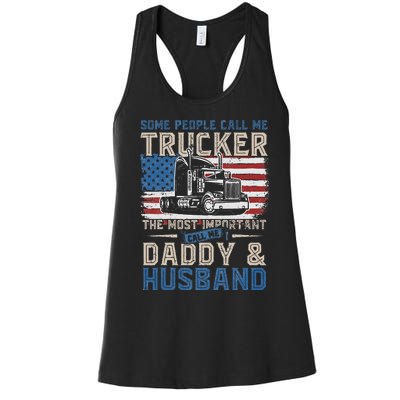 Semi Truck Driver Trucker Daddy Husband US American Flag Women's Racerback Tank