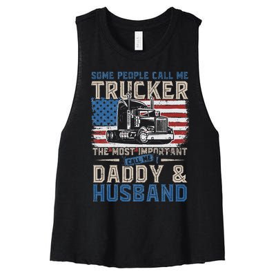 Semi Truck Driver Trucker Daddy Husband US American Flag Women's Racerback Cropped Tank