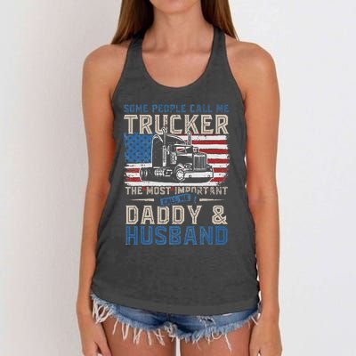 Semi Truck Driver Trucker Daddy Husband US American Flag Women's Knotted Racerback Tank