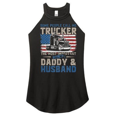 Semi Truck Driver Trucker Daddy Husband US American Flag Women's Perfect Tri Rocker Tank