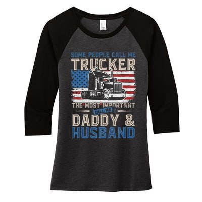 Semi Truck Driver Trucker Daddy Husband US American Flag Women's Tri-Blend 3/4-Sleeve Raglan Shirt