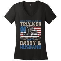 Semi Truck Driver Trucker Daddy Husband US American Flag Women's V-Neck T-Shirt