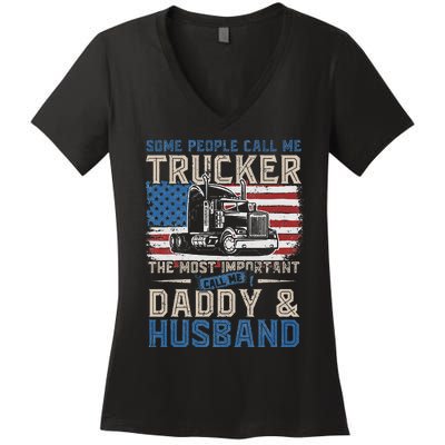 Semi Truck Driver Trucker Daddy Husband US American Flag Women's V-Neck T-Shirt