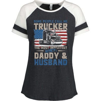 Semi Truck Driver Trucker Daddy Husband US American Flag Enza Ladies Jersey Colorblock Tee