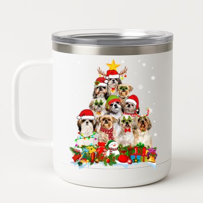 Shih Tzu Dog Christmas Tree Lights Xmas Santa Hat Cool Gift 12 oz Stainless Steel Tumbler Cup