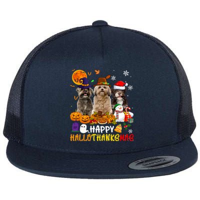 Shih Tzu Dog Happy Hallothanksmas Xmas Dog Lover Funny Gift Flat Bill Trucker Hat