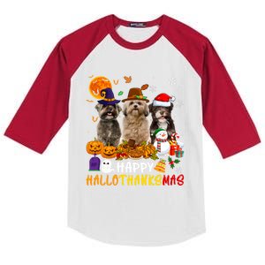 Shih Tzu Dog Happy Hallothanksmas Xmas Dog Lover Funny Gift Kids Colorblock Raglan Jersey