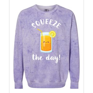 Squeeze The Day Funny Orange Juice Pun Inspirational Quote Cool Gift Colorblast Crewneck Sweatshirt