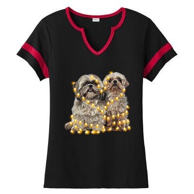 Shih Tzu Dog Lights Decoration Santa Hat Christmas Xmas Gift Ladies Halftime Notch Neck Tee