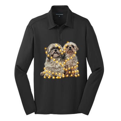 Shih Tzu Dog Lights Decoration Santa Hat Christmas Xmas Gift Silk Touch Performance Long Sleeve Polo