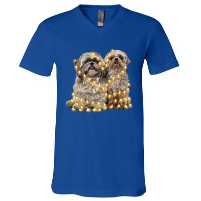 Shih Tzu Dog Lights Decoration Santa Hat Christmas Xmas Gift V-Neck T-Shirt