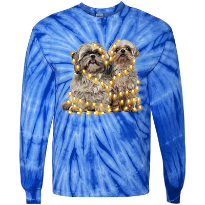 Shih Tzu Dog Lights Decoration Santa Hat Christmas Xmas Gift Tie-Dye Long Sleeve Shirt