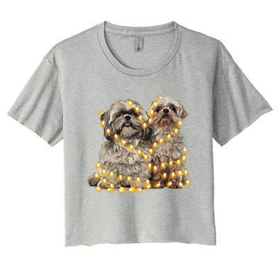 Shih Tzu Dog Lights Decoration Santa Hat Christmas Xmas Gift Women's Crop Top Tee