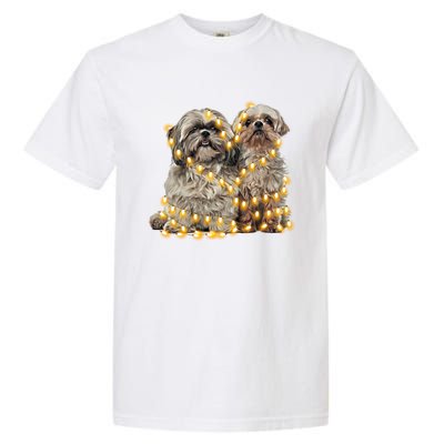 Shih Tzu Dog Lights Decoration Santa Hat Christmas Xmas Gift Garment-Dyed Heavyweight T-Shirt