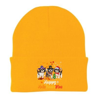 Shih Tzu Dog Halloween Christmas Happy Hallothanksmas Knit Cap Winter Beanie