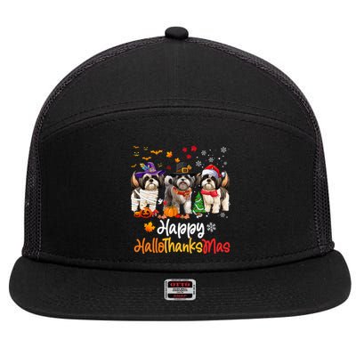 Shih Tzu Dog Halloween Christmas Happy Hallothanksmas 7 Panel Mesh Trucker Snapback Hat