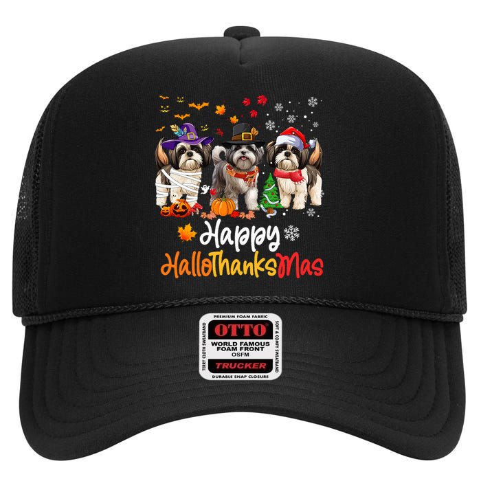 Shih Tzu Dog Halloween Christmas Happy Hallothanksmas High Crown Mesh Back Trucker Hat