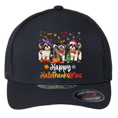 Shih Tzu Dog Halloween Christmas Happy Hallothanksmas Flexfit Unipanel Trucker Cap