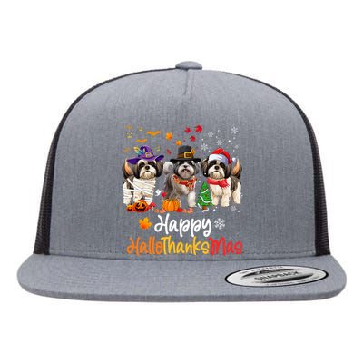 Shih Tzu Dog Halloween Christmas Happy Hallothanksmas Flat Bill Trucker Hat