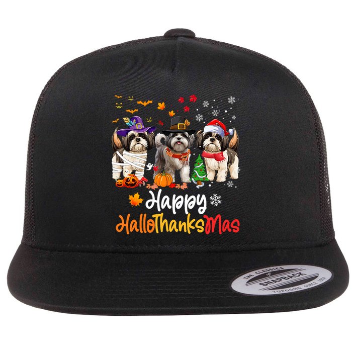 Shih Tzu Dog Halloween Christmas Happy Hallothanksmas Flat Bill Trucker Hat