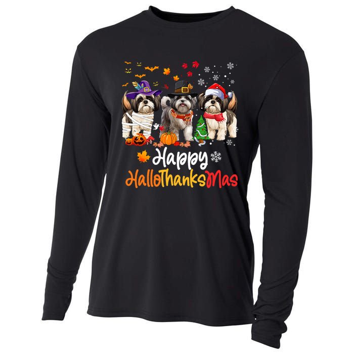 Shih Tzu Dog Halloween Christmas Happy Hallothanksmas Cooling Performance Long Sleeve Crew