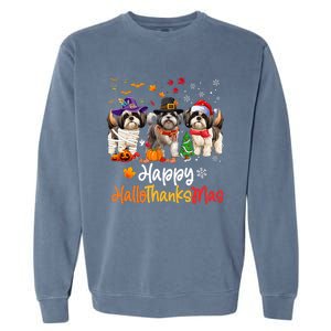 Shih Tzu Dog Halloween Christmas Happy Hallothanksmas Garment-Dyed Sweatshirt