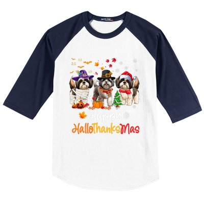 Shih Tzu Dog Halloween Christmas Happy Hallothanksmas Baseball Sleeve Shirt