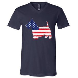 Scottish Terrier Dog Dad Mom Silhouette American Flag V-Neck T-Shirt