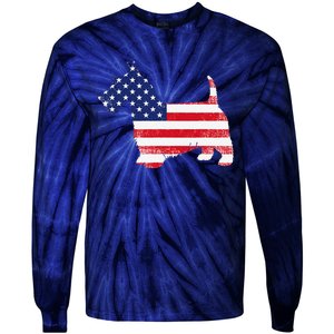 Scottish Terrier Dog Dad Mom Silhouette American Flag Tie-Dye Long Sleeve Shirt