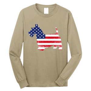 Scottish Terrier Dog Dad Mom Silhouette American Flag Long Sleeve Shirt