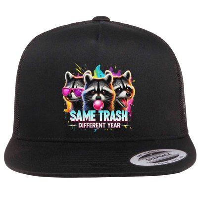 Same Trash Different Year Raccoon Humor Trash Panda Comedy Flat Bill Trucker Hat