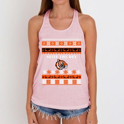 Seize The Day Ugly Funny Gift Bengal Tiger Head Christmas Sweater Gift Women's Knotted Racerback Tank