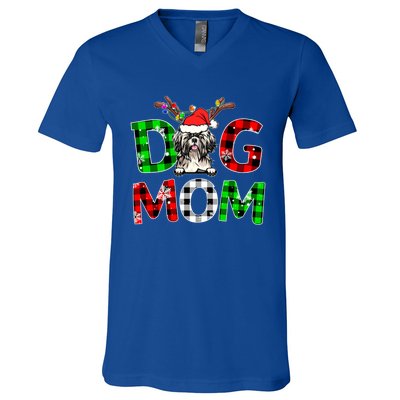 Shih Tzu Dog Mom Buffalo Plaid Xmas Pajama Reindeer Horn Gift V-Neck T-Shirt