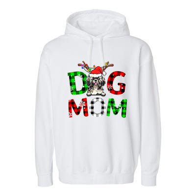 Shih Tzu Dog Mom Buffalo Plaid Xmas Pajama Reindeer Horn Gift Garment-Dyed Fleece Hoodie