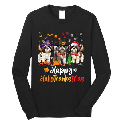 Shih Tzu Dog Halloween Christmas Happy Hallothanksmas Long Sleeve Shirt