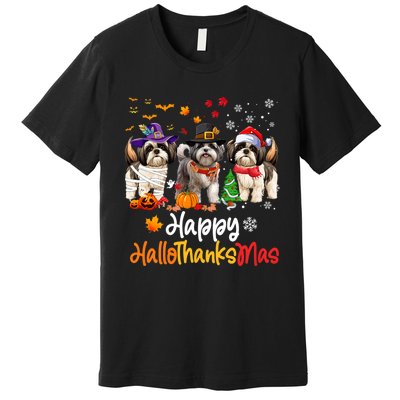 Shih Tzu Dog Halloween Christmas Happy Hallothanksmas Premium T-Shirt