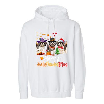 Shih Tzu Dog Halloween Christmas Happy Hallothanksmas Garment-Dyed Fleece Hoodie