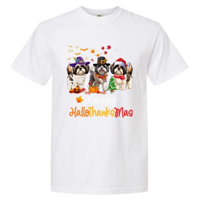 Shih Tzu Dog Halloween Christmas Happy Hallothanksmas Garment-Dyed Heavyweight T-Shirt