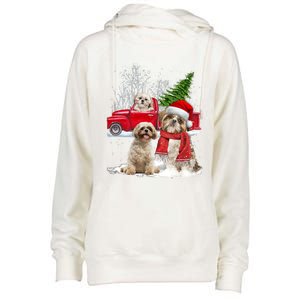 Shih Tzu Dog Riding Red Truck Christmas Tree Xmas Gift Womens Funnel Neck Pullover Hood