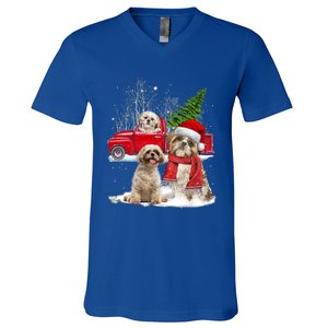 Shih Tzu Dog Riding Red Truck Christmas Tree Xmas Gift V-Neck T-Shirt