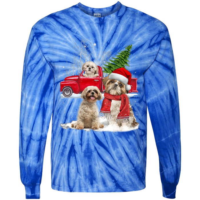 Shih Tzu Dog Riding Red Truck Christmas Tree Xmas Gift Tie-Dye Long Sleeve Shirt