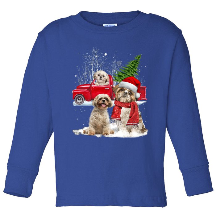 Shih Tzu Dog Riding Red Truck Christmas Tree Xmas Gift Toddler Long Sleeve Shirt