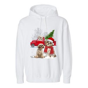 Shih Tzu Dog Riding Red Truck Christmas Tree Xmas Gift Garment-Dyed Fleece Hoodie